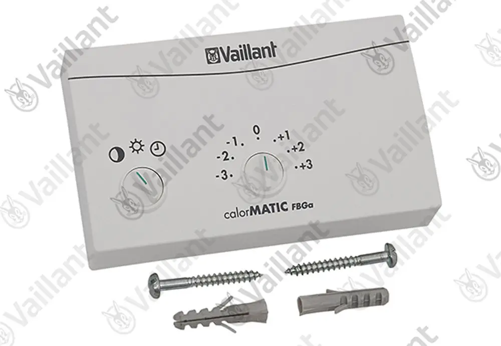 Vaillant Steuergerät mit zwei Drehreglern und Symbolen für Heizungssteuerung, inklusive Schrauben und Dübel zur Montage.